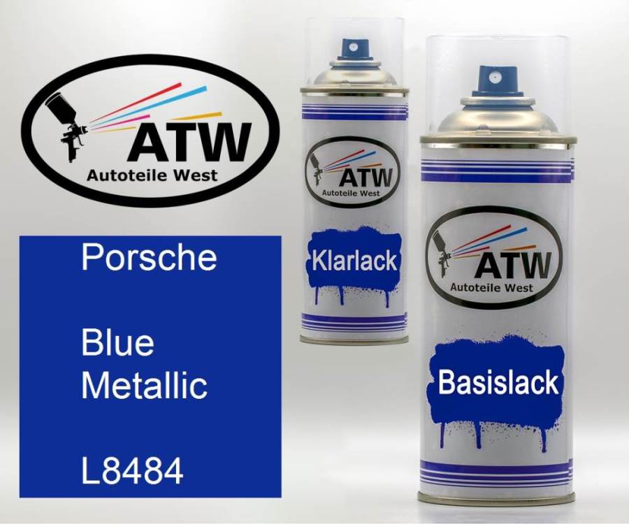 Porsche, Blue Metallic, L8484: 400ml Sprühdose + 400ml Klarlack - Set, von ATW Autoteile West.